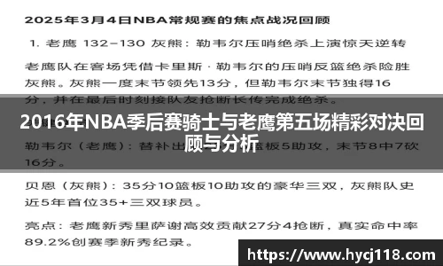 2016年NBA季后赛骑士与老鹰第五场精彩对决回顾与分析